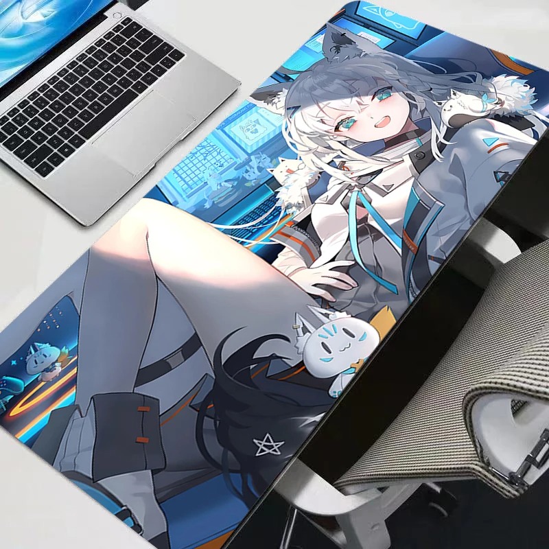 Office Tech Background - アニメマウスパッド ゲーマーXXLキーボードマット ツートーン グレー ホワイト キツネ耳ガール