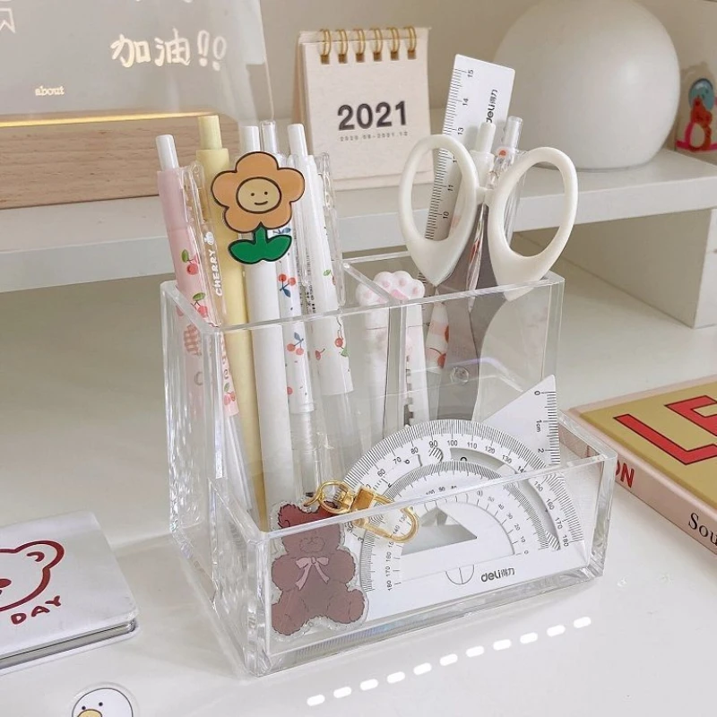 Home Office Tech Gadgets - 学生,オフィス,デスクトップ用の3つの透明なアクリル収納コンパートメント,大容量のペンシルホルダー,シンプル