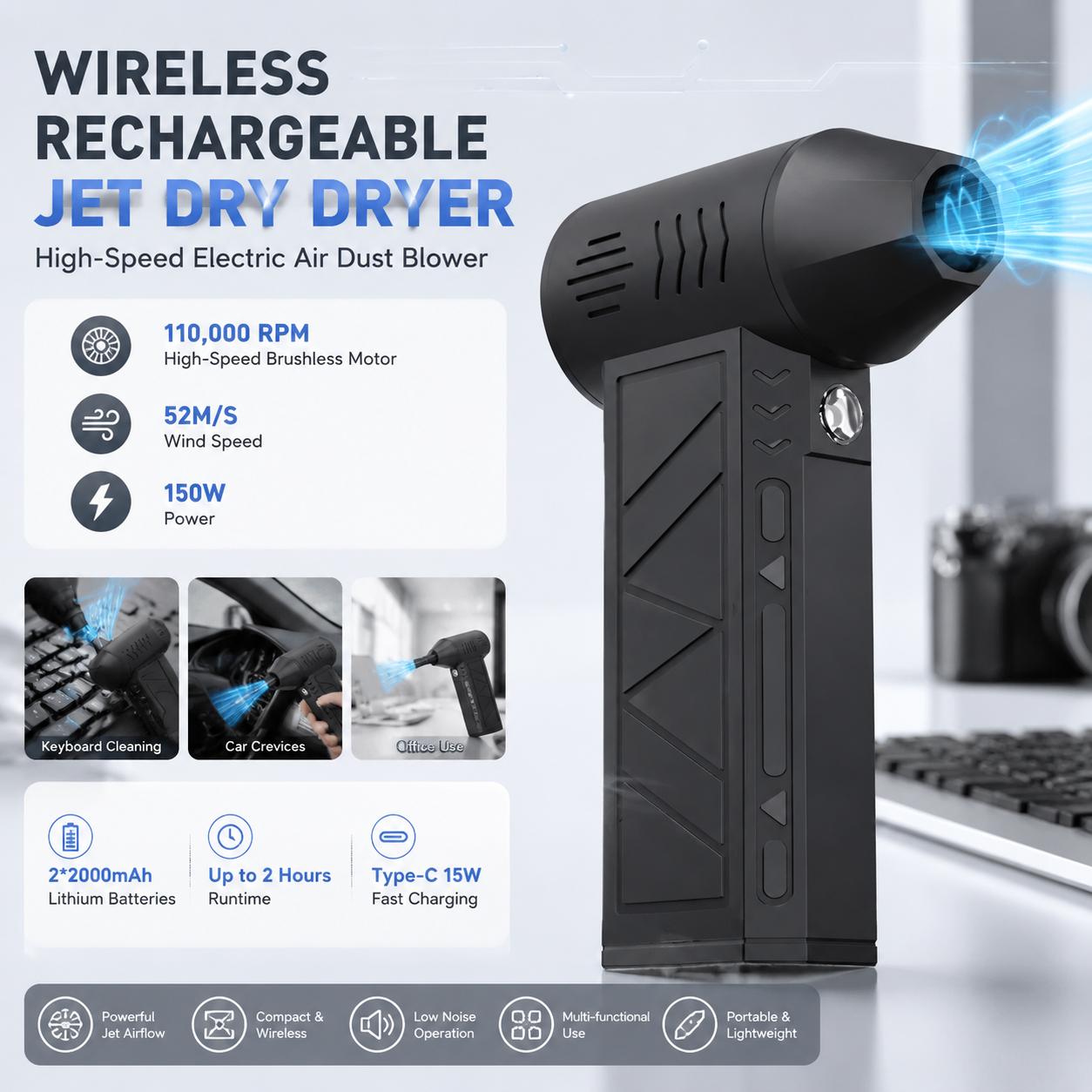 110000 RPM電動エアブロワー 3段階速度調整 コード - Home Office Tech Gadgets のレビューと価格