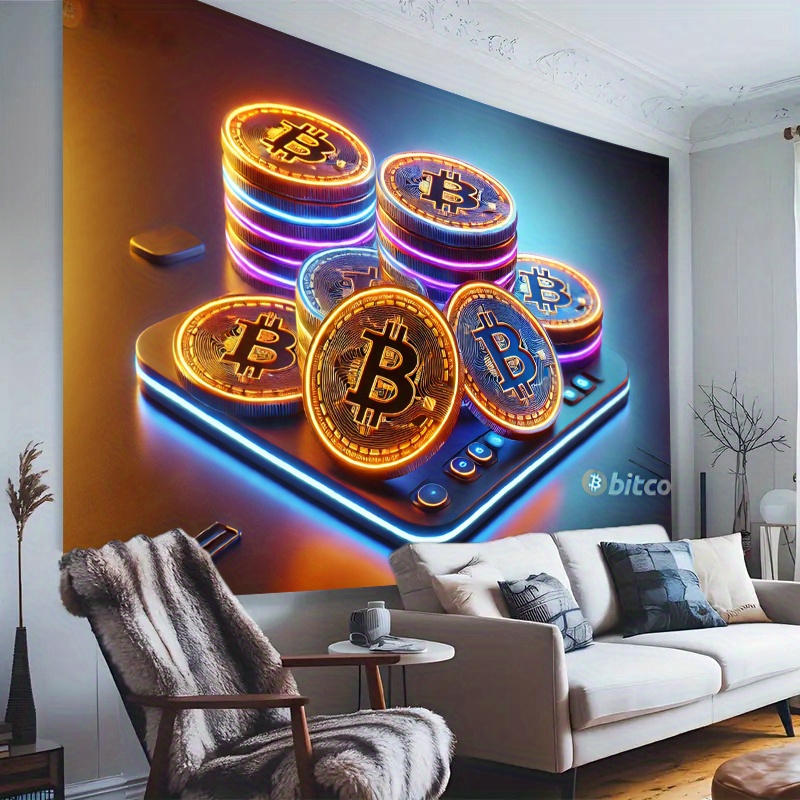 暗号通貨ビットコインタペストリー、ネオンゴールドコインの携帯 - Office Tech Background のレビューと価格