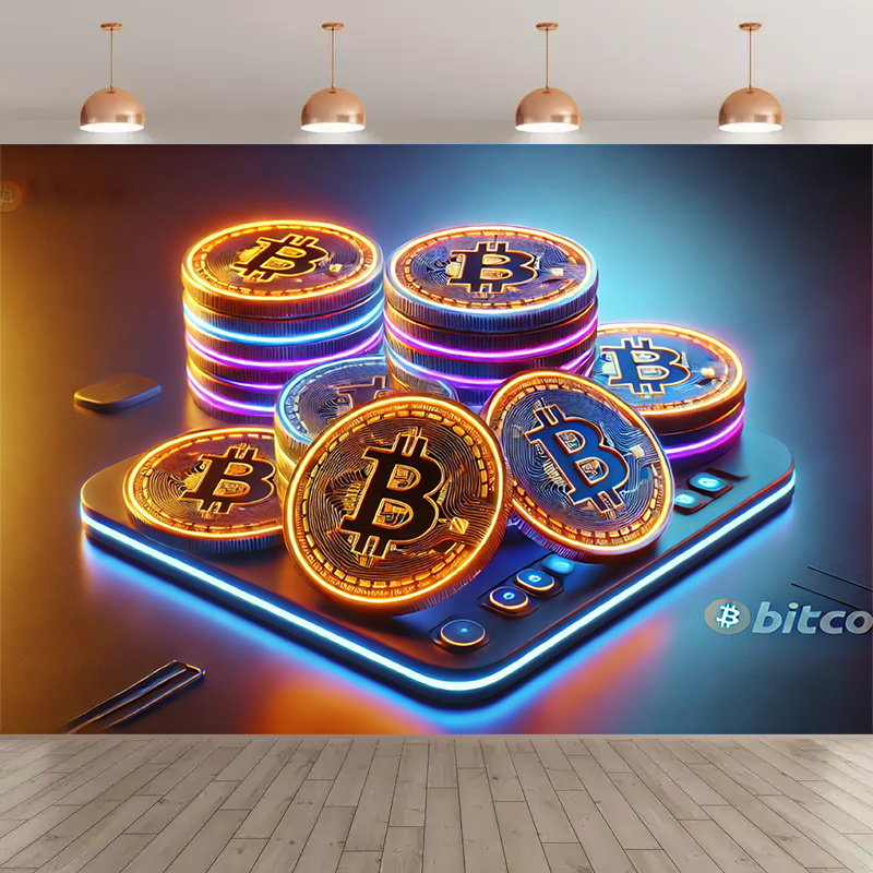 暗号通貨ビットコインタペストリー、ネオンゴールドコインの携帯 - Office Tech Background のレビューと価格